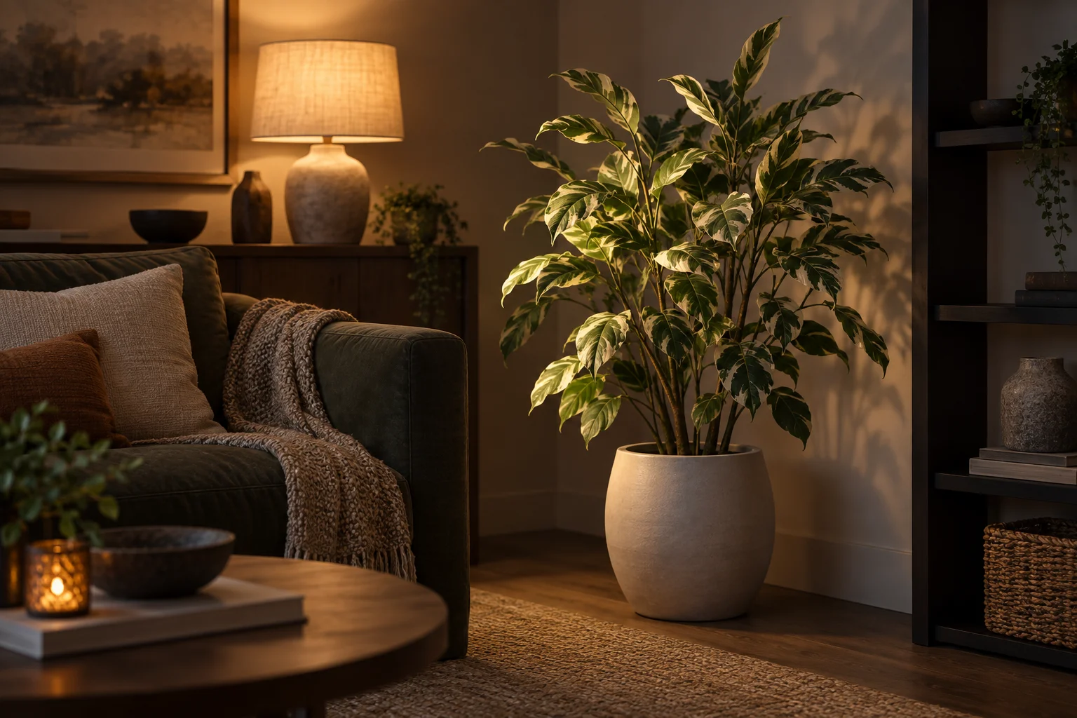 Plante décorative panachée dans un pot clair près d’une lampe de salon