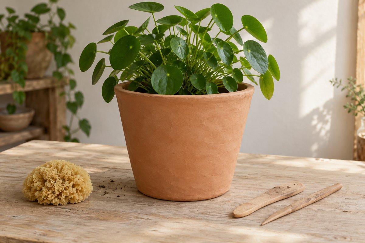 Cache-pot en argile modelé à la main avec une petite plante verte
