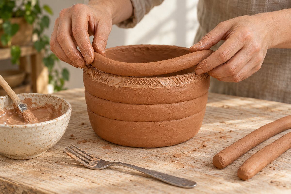 Mains posant un colombin d'argile sur un bord griffé enduit de barbotine