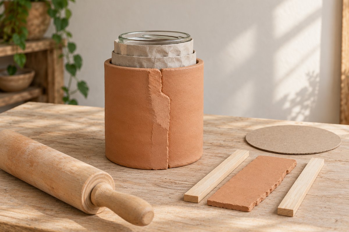 Plaque d'argile enroulée autour d'un bocal habillé de papier journal