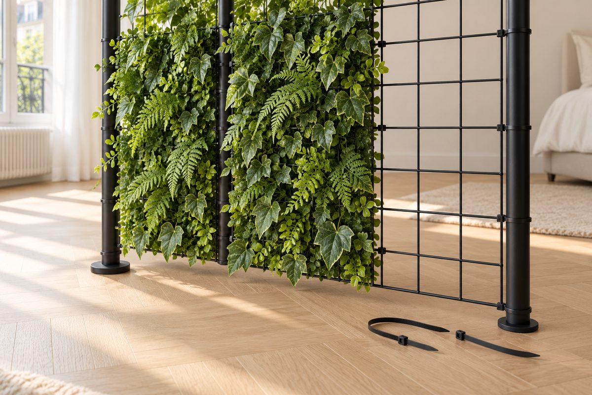 Perche sol-plafond, treillis métallique et panneaux de feuillage artificiel fixés par colliers