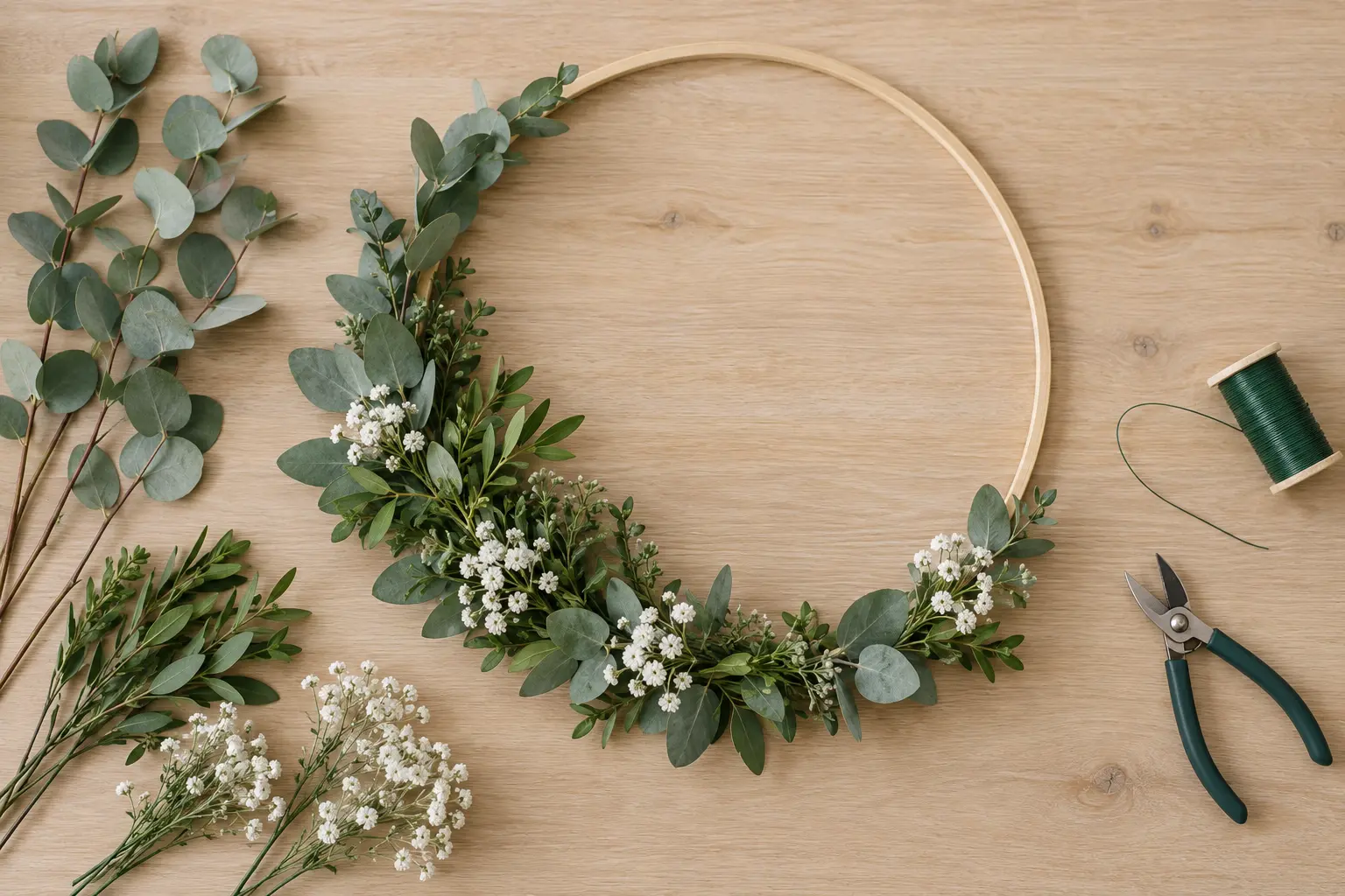 Composition d’une couronne avec eucalyptus, fleurs blanches, fil floral et pince