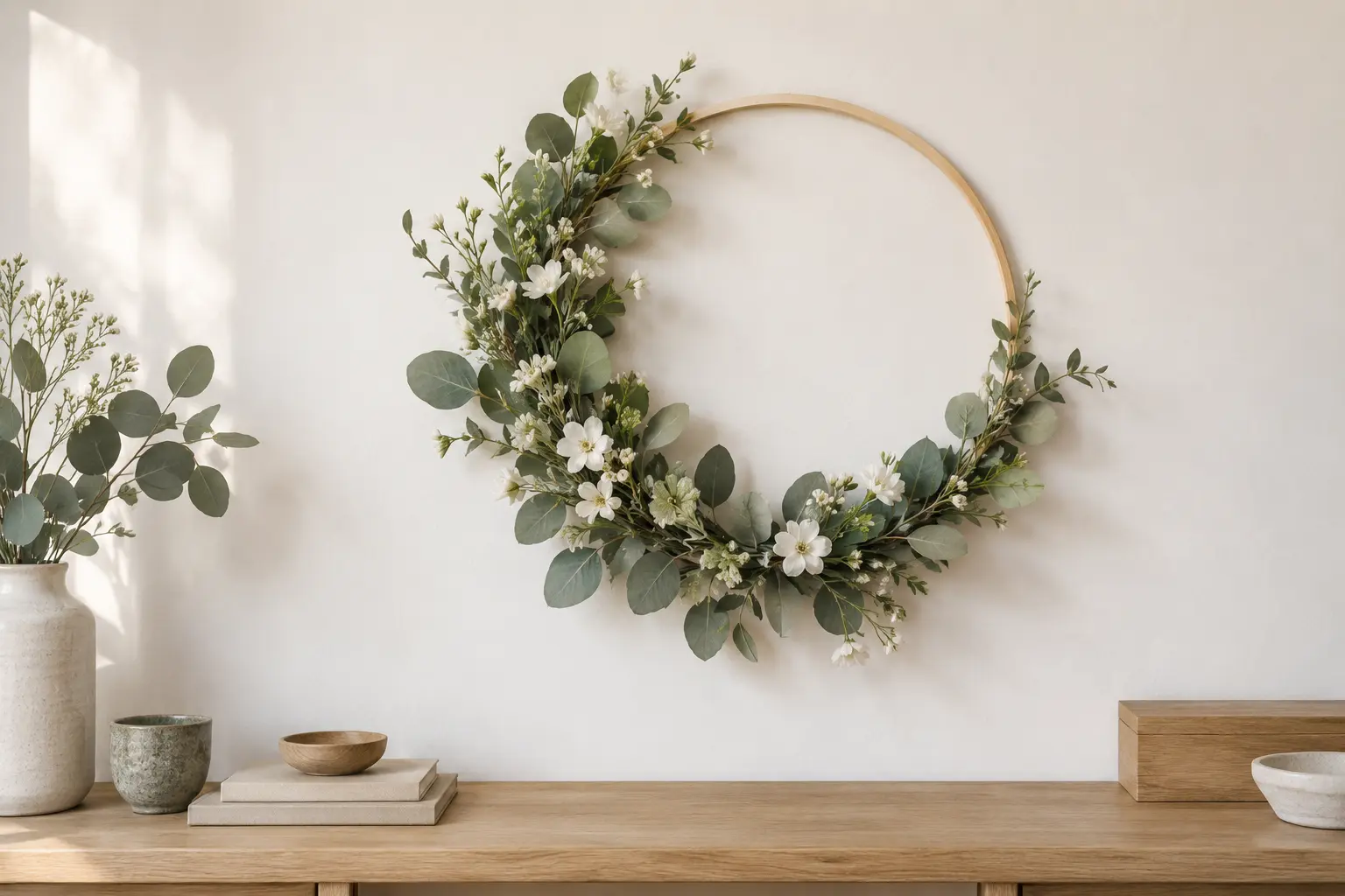 Couronne asymétrique en eucalyptus et petites fleurs blanches sur un mur clair
