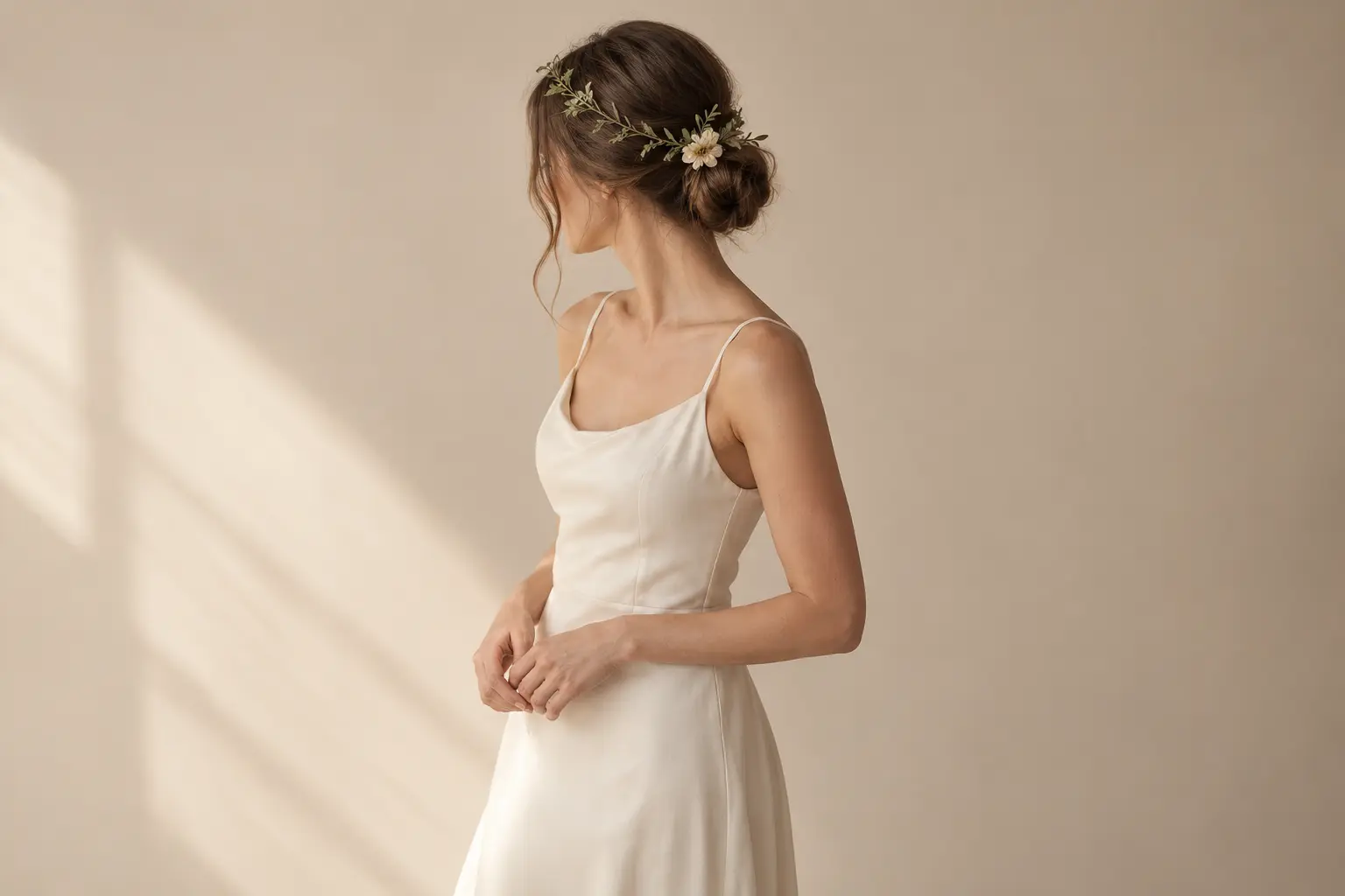 Silhouette en tenue ivoire avec chignon bas et couronne florale minimaliste décentrée