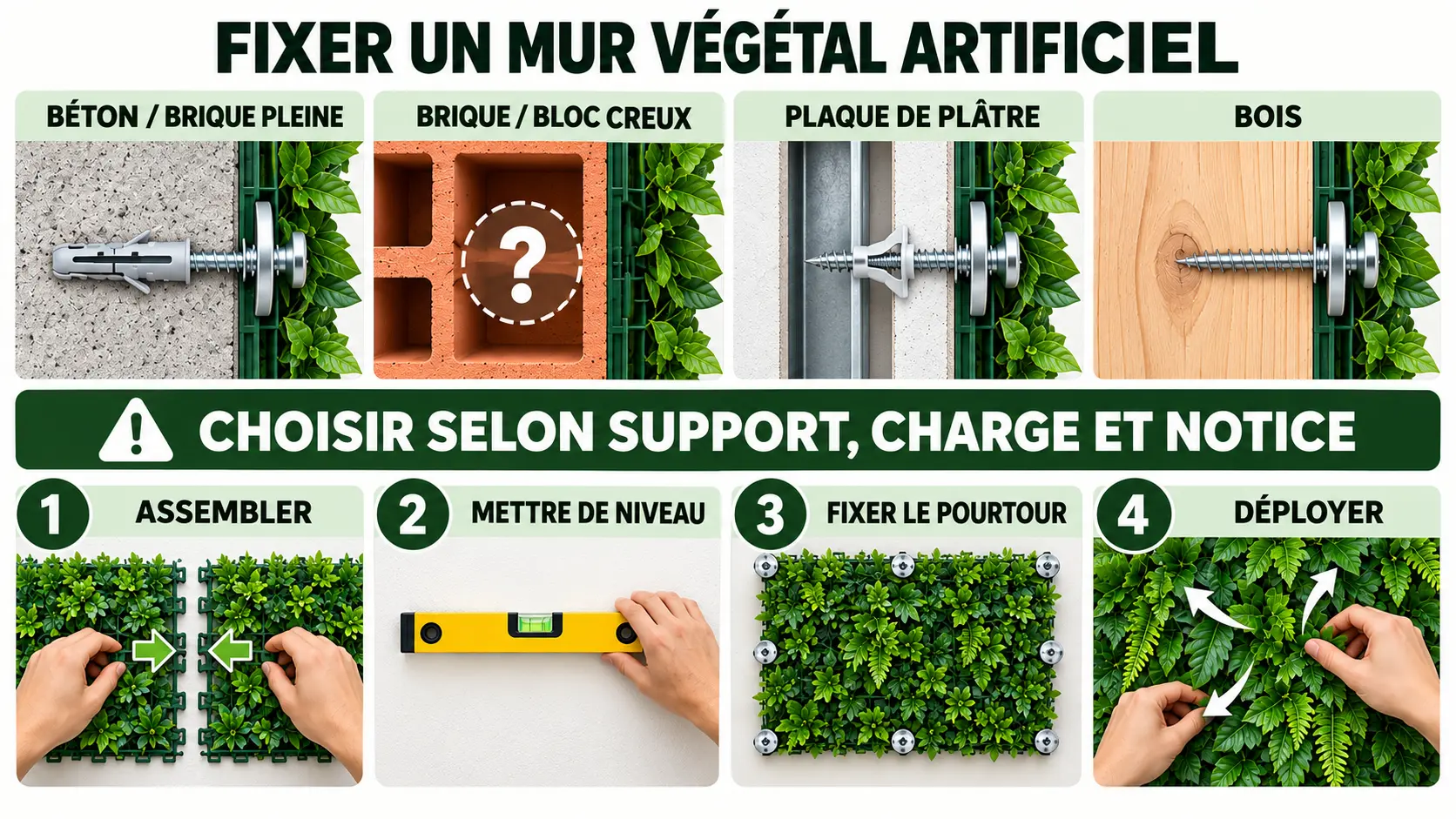 Comparaison de quatre supports muraux et des étapes de pose d’un panneau végétal