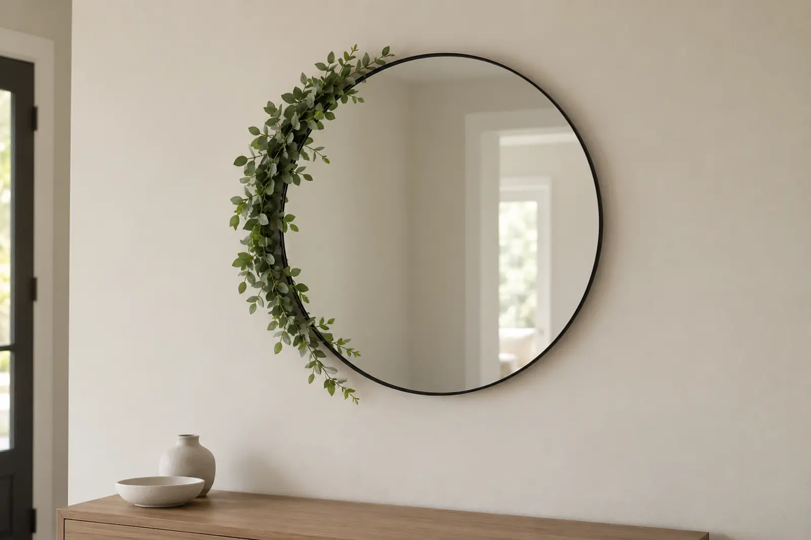 Miroir rond souligné par un feuillage vert sur son angle haut gauche et son côté gauche