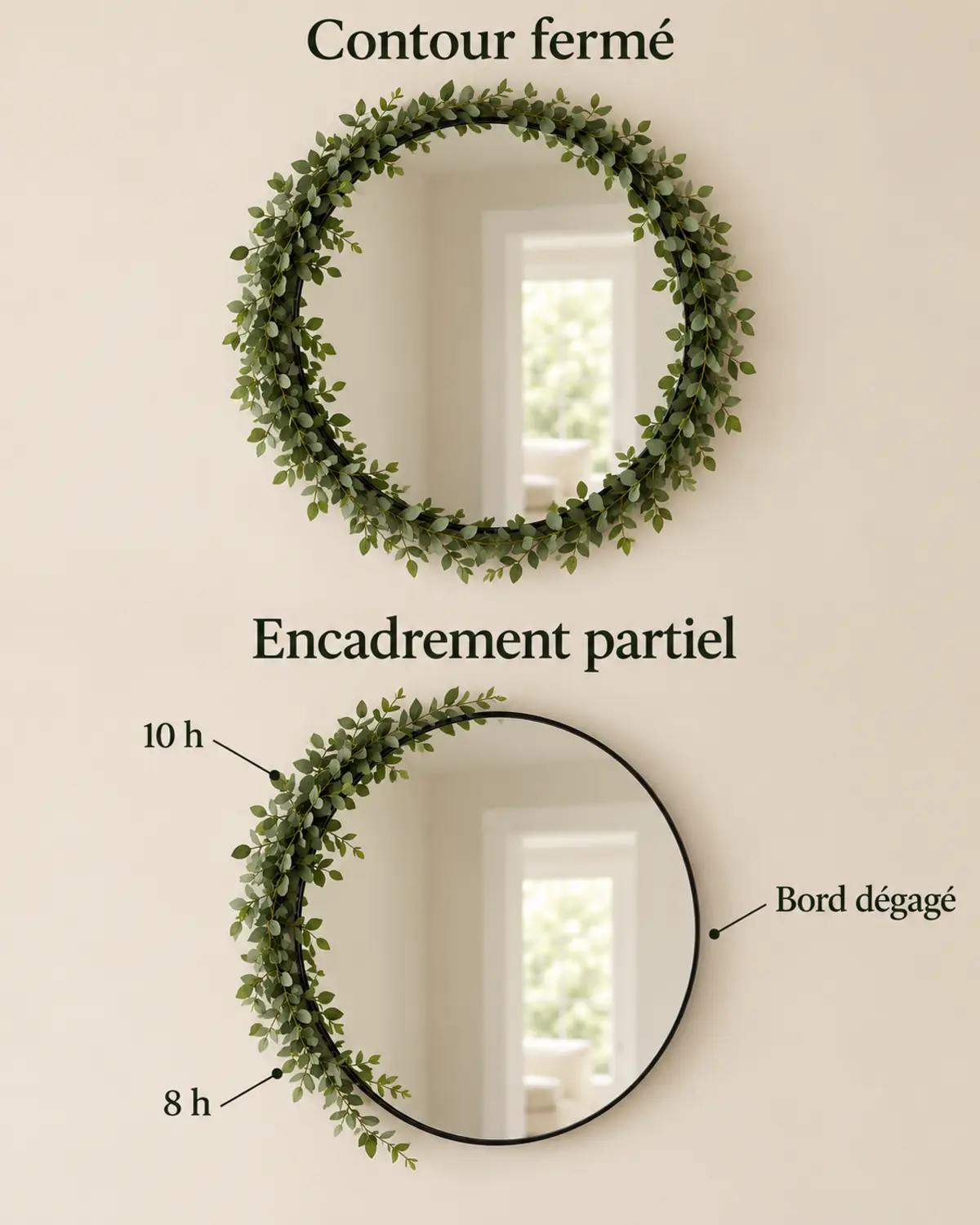 Comparaison entre un miroir entièrement bordé de feuillage dense et un miroir avec une retombée légère sur le seul côté gauche